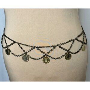 Vintage 80s Gold Tone Coin Chain Waist Belt Alexander The Great Greek Medallions